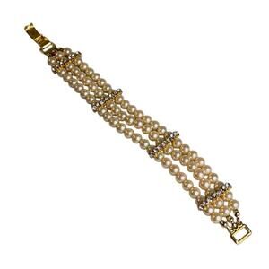 0080 Vintage 90s Triple-Strand Faux Pearl Bracelet w/Rhinestone Accents